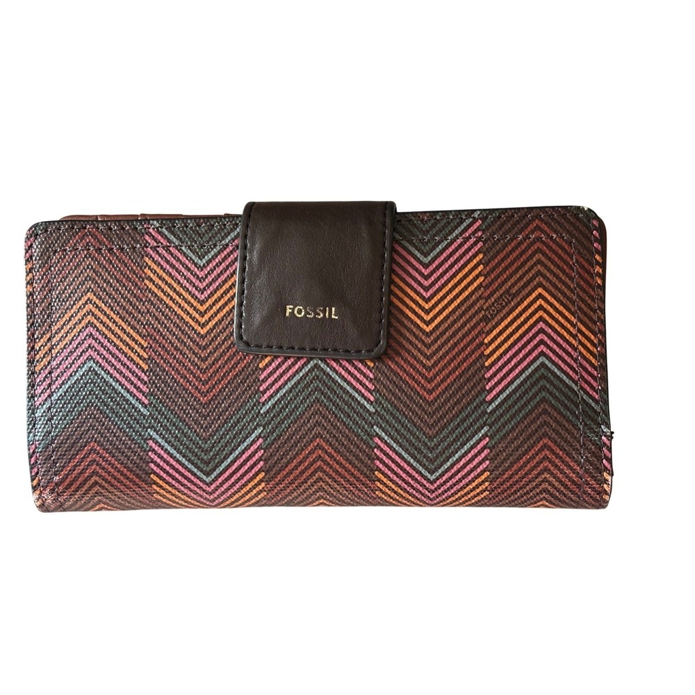 Fossil Logan Bifold Wallet Multicolor Chevron Coated‎ Canvas Leather Trim Slim
